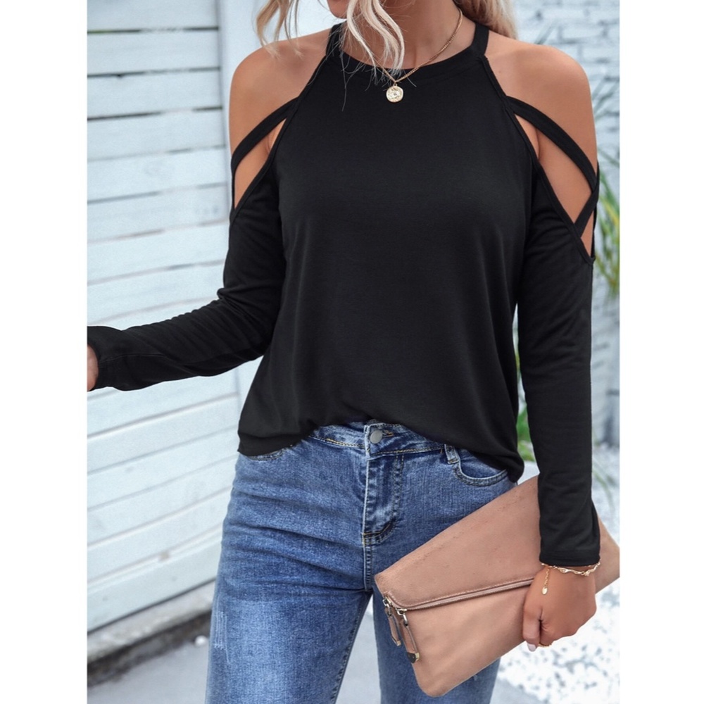 Strappy Cold Shoulder Black Long Sleeve Tee Shirt - Picture 3 of 10